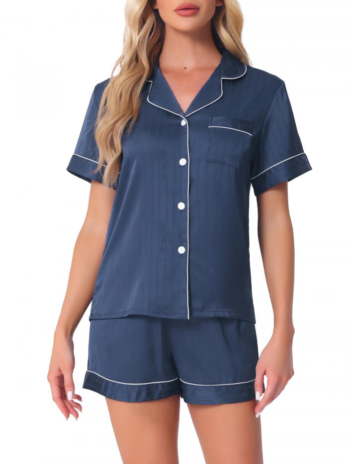 cheibear 女性用パジャマ ルームウェア 半袖 ボタンダウン サテン パジャマ セット ダークブルー L
