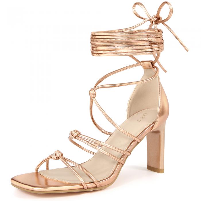 Allegra K サンダル チャンキーハイヒール レースアップ ストラップ レディース ローズ金 26.0cm