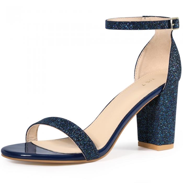 Allegra K アンクルストラップサンダル 光沢 チャンキーヒール 夏 シューズ レディース ネイビーブルー 25.5cm