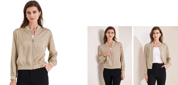 Allegra K レディース ジャケット ジップアップ コート 長袖 アウター カジュアル 軽量 トップス シャンパン L
