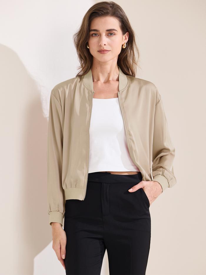 Allegra K レディース ジャケット ジップアップ コート 長袖 アウター カジュアル 軽量 トップス シャンパン L