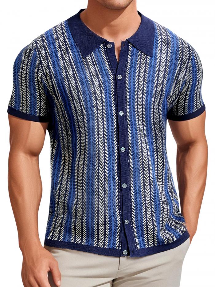 Lars Amadeus メンズ 夏用 ストライプ ニット ポロシャツ 半袖 ボタンダウン ジャカード ポロシャツ 濃..