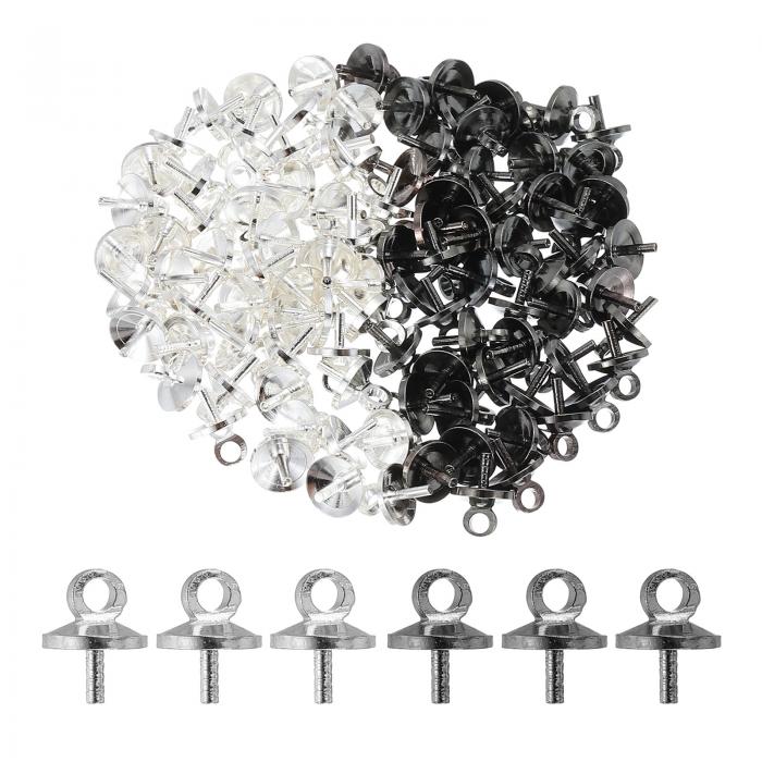 PATIKIL 5 mm カップアイピン 120個 ネジアイピン パールペグ ベイルペンダント キャップ付き イヤリング用 ハーフドリルビーズ 宝石製作用 シルバートーン/黒