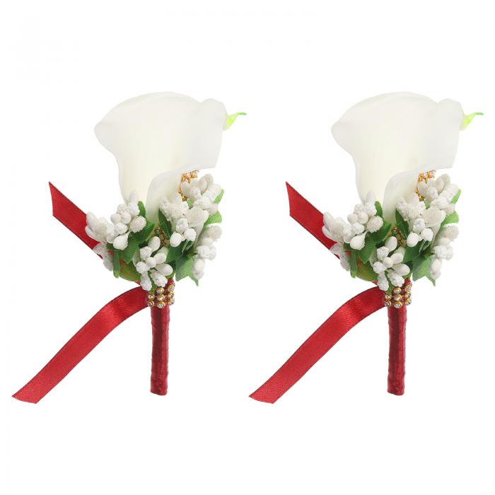 PATIKIL メンズ用カラー・リリー・ブートニア、2個セット、手作りの新郎新婦ブートニア・コサージュ、結婚式・記念日・パーティー・プロム用、バーガンディ/ホワ...