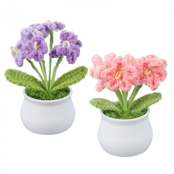 PATIKIL クロシェ花 2個 編み物クロシェ花忘れな草鉢植え手作り花誕生日結婚式車ギフトホームデコレーション グラデーションパープル/グラデーションピンク
