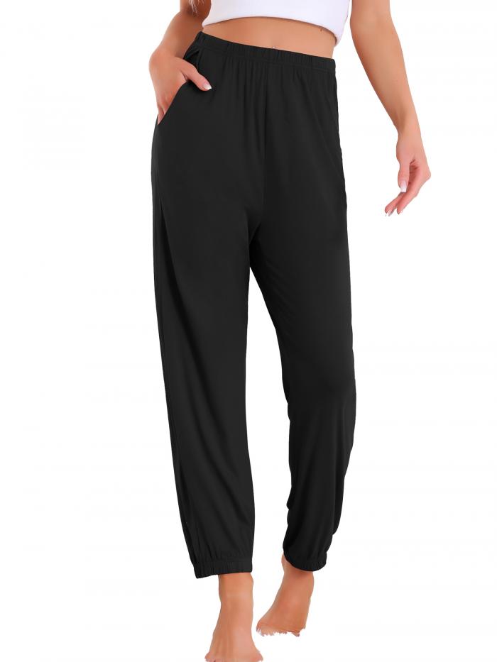 cheibear レディースパジャマパンツ 柔らかくて快適なパジャマパンツ ラウンジパンツ レディース 寝巻き ポケット付き ブラック M