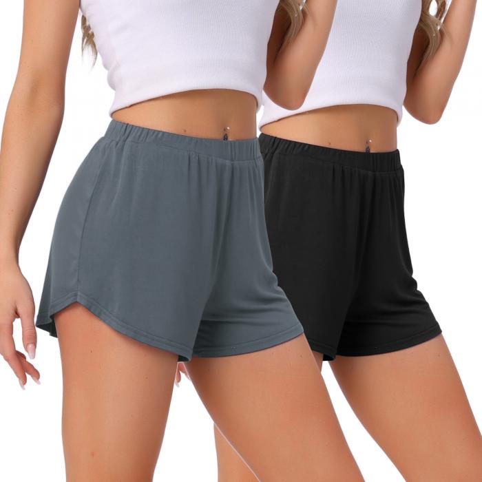 cheibear レディース 2枚組 ラウンジショーツ ハイウエスト カジュアル スリープウェア 着心地の良い無地 スリープパジャマ ボトムス 黒+グレー L