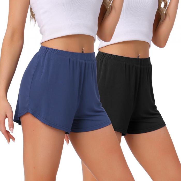 cheibear レディース 2枚組 ラウンジショーツ ハイウエスト カジュアル スリープウェア 着心地の良い無地 スリープパジャマ ボトムス 黒+ブルー L