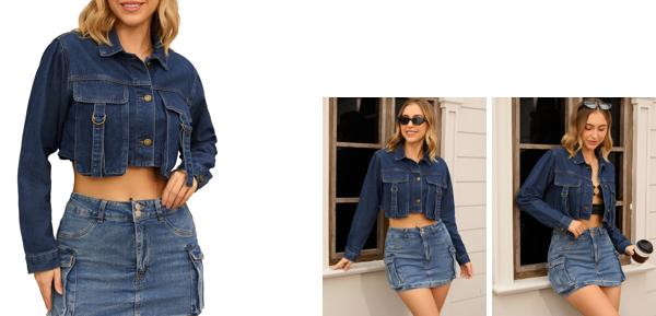 CIMUK レディース クロップ デニム ジャケット 長袖 カーゴポケット ウォッシュド ジーンズ ジャケット ダークブルー S