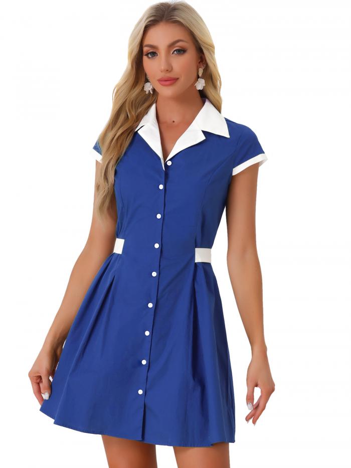 Allegra K Aラインシャツドレス コントラストカフス ボタンフロント ベルト付き 膝上 レギュラーフィット キャンプ襟 レディース ロイヤルブルー M