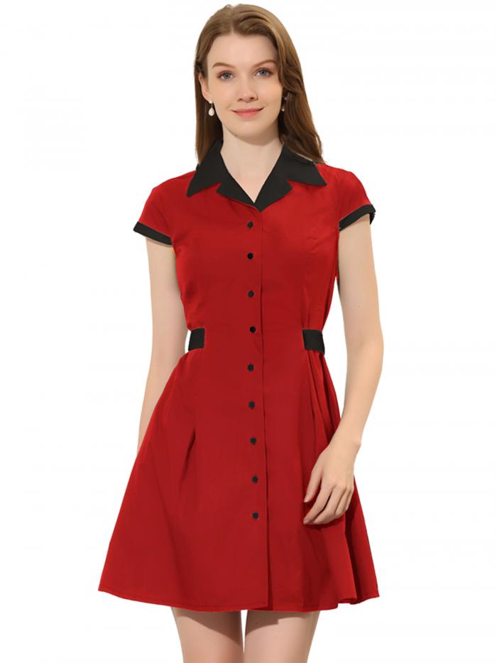Allegra K Aラインシャツドレス コントラストカフス ボタンフロント ベルト付き 膝上 レギュラーフィット キャンプ襟 レディース ブリックレッド XL