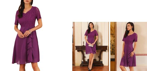 WOMLAYOUT レディース レース シフォン ドレス フリル ブライズメイド ウェディング ミディドレス 半袖 膝丈 パープル 2XL