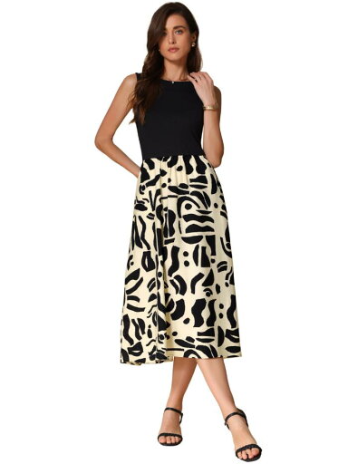 Allegra K 夏用ノースリーブドレス パターンスプライシング ラウンドネック ミディドレス レディース ブラックベージュ L Allegra K 夏用ノースリーブドレス パターンスプライシング ラウンドネック ミディドレス レディース ブラックベージュ L