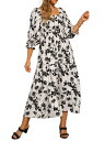 Allegra K カジュアルワンピース 夏 花柄ドレス スクエアネック 半袖 Aライン スモック マキシドレス レディース ベージュブラック M(4)