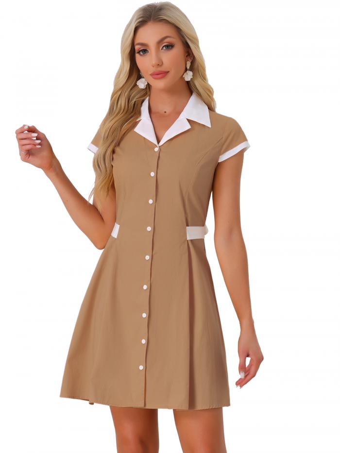 Allegra K Aラインシャツドレス コントラストカフス ボタンフロント ベルト付き 膝上 レギュラーフィット キャンプ襟 レディース ブラウン XS