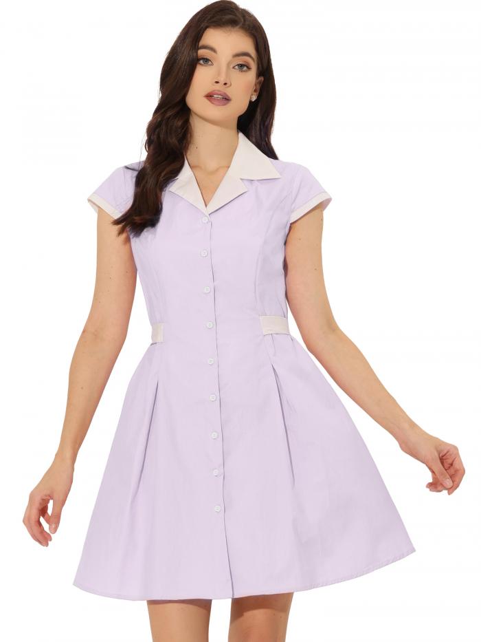 Allegra K Aラインシャツドレス コントラストカフス ボタンフロント ベルト付き 膝上 レギュラーフィット キャンプ襟 レディース パープル XL