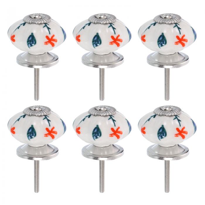 uxcell 6個の花柄セラミック引きノブ、ヴィンテージラウンドキャビネットノブ、ウィローリーフ緑セラミ..