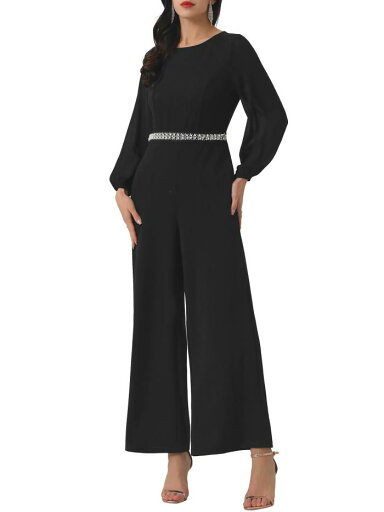 WOMLAYOUT レディース ワイドレッグパンツ ジャンパー ロング シアースリーブ ジャンプスーツ ブラック M WOMLAYOUT レディース ワイドレッグパンツ ジャンパー ロング シアースリーブ ジャンプスーツ ブラック M