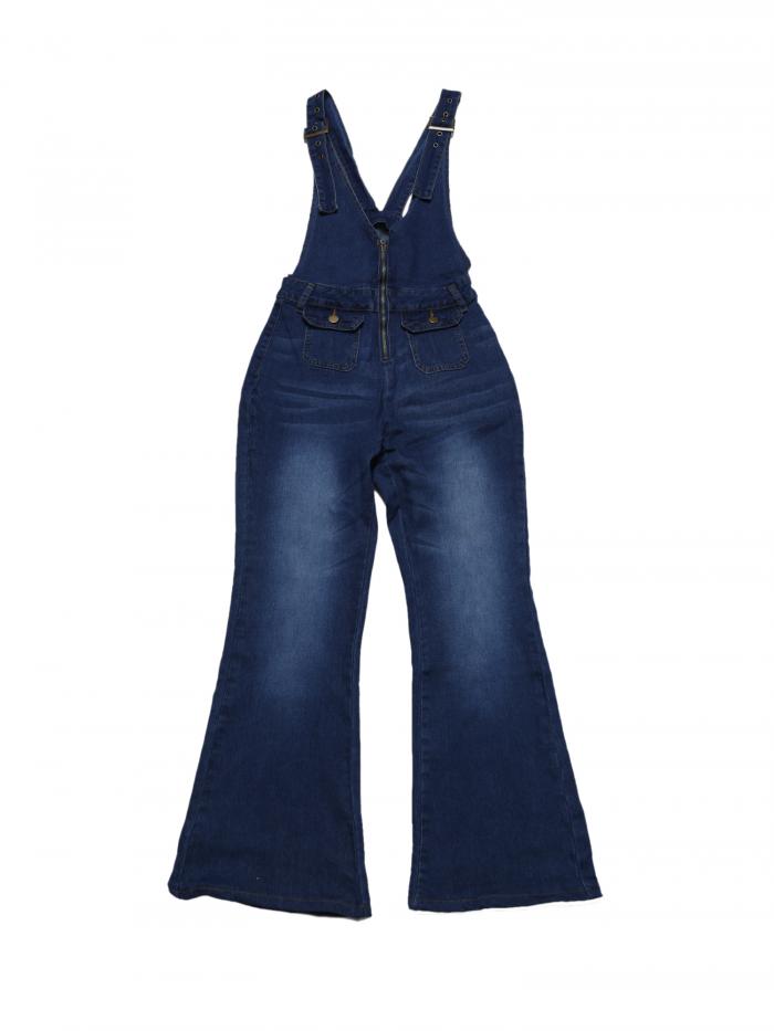Allegra K ベルボトム ジーンズ デニム ジャンプスーツ Vネック ジップアップ レディース ダークブルー XL