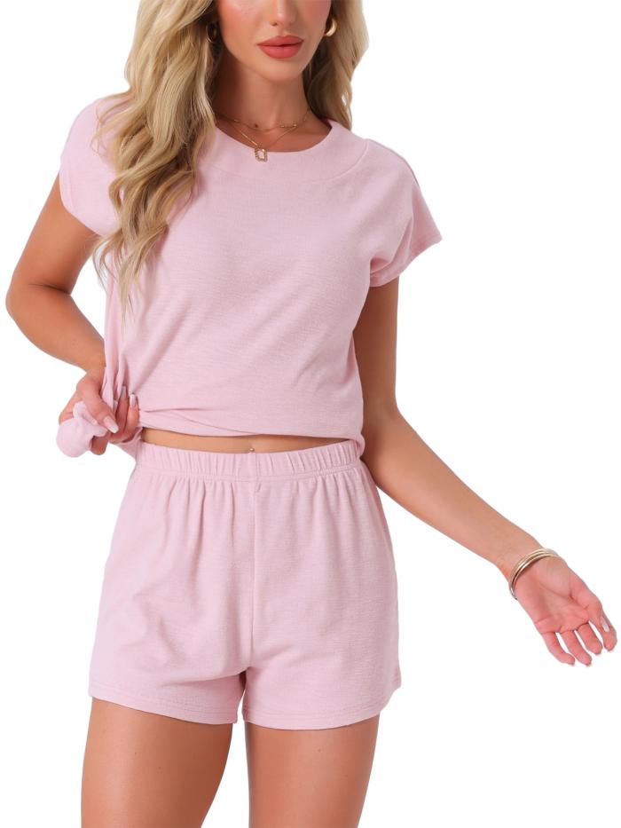 cheibear レディース キャップスリーブ パジャマ トップス ショーツ付き 2ピース ソフト ラウンドネック カジュアル パジャマ ラウンジウェア セット ピンク M