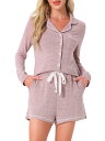 cheibear レディース ラウンジセット ソフトボタンアップ ノッチカラー 長袖 ショーツセット ポケット付き ピンク M