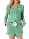 cheibear レディース ラウンジセット ソフトボタンアップ ノッチカラー 長袖 ショーツセット ポケット付き グリーン S