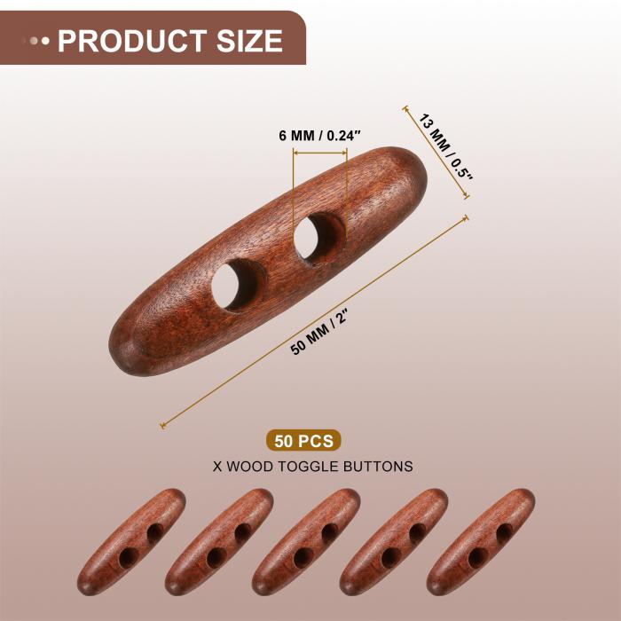 uxcell 50個の木製トグルボタン、50mm/2"のダブルホールオリーブ形状の縫い付け木製ボタン、DIYコートセーター衣類アクセサリー用、レッドコーヒー