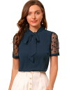 Allegra K ブラウス シースルー 半袖 シフオンブラウス フリル リボン付き シャツ オフィス メッシュ トップス 着痩せ エレガント ボウタイブラウス ゴージャス レディース ネイビーブルー 3XL(4)