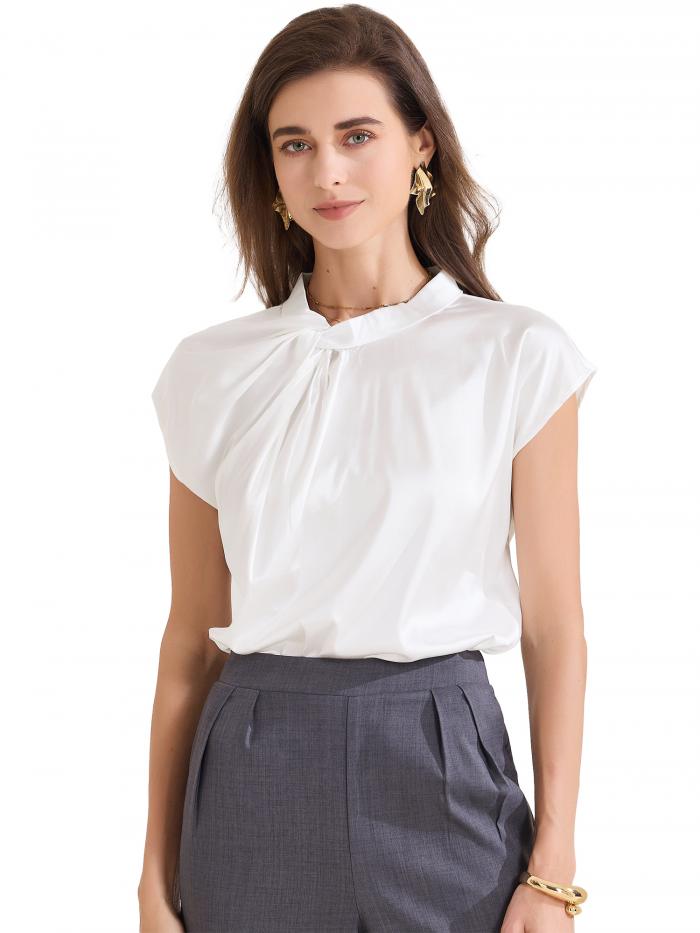Allegra K レディース サテン キャップスリーブ プリーツネック カジュアル オフィス ブラウス シルキー ソフト トップス 夏服 ホワイト M