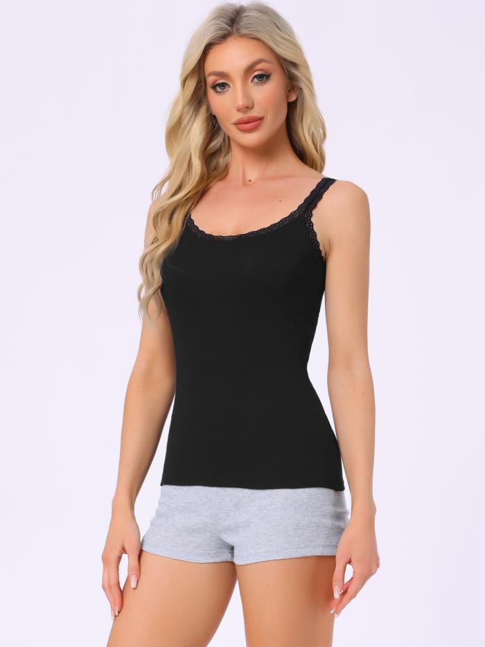 cheibear レディース レース キャミソール タンクトップ コットン キャミ パジャマ トップ ソフト 快適 アンダーシャツ ブラック S