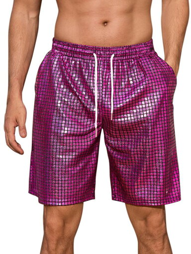 Lars Amadeus 光沢のあるショートパンツ メタリックドローストリング ナイトクラブ グリッター チェック柄ショートパンツ メンズ ローズレッド S Lars Amadeus 光沢のあるショートパンツ メタリックドローストリング ナイトクラブ グリッター チェック柄ショートパンツ メンズ ローズレッド S