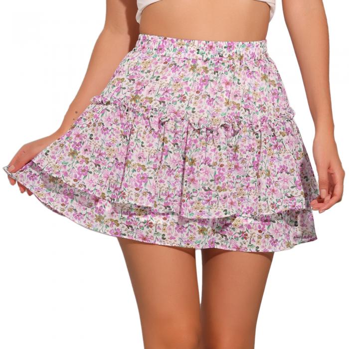 Allegra K フリルスカート ミニスカート 花柄 ショートスカート aライン ハイウエスト ティアード レディース ピンク色 M