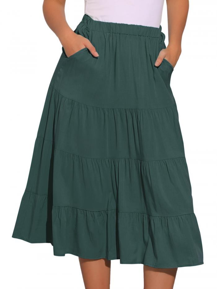 Allegra K ロングスカート レデース プリツスカート Aライン ハイウェスト フレアスカート 無地 春夏 アーミーグリーン S