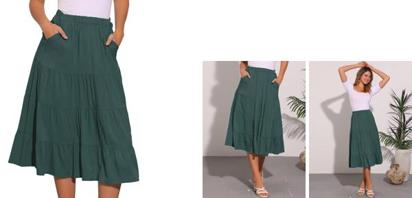 Allegra K ロングスカート レデース プリツスカート Aライン ハイウェスト フレアスカート 無地 春夏 アーミーグリーン L