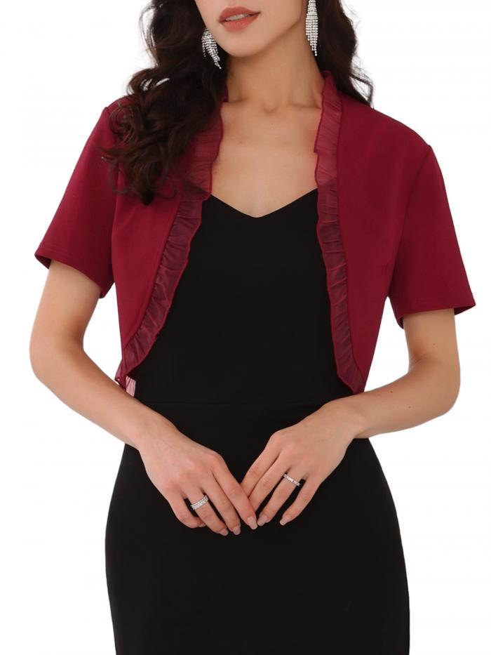 WOMLAYOUT レディース フリル ボレロ シュラッグ 半袖 オープンフロント フォーマル クロップドカーディガン ディープレッド XL(4)