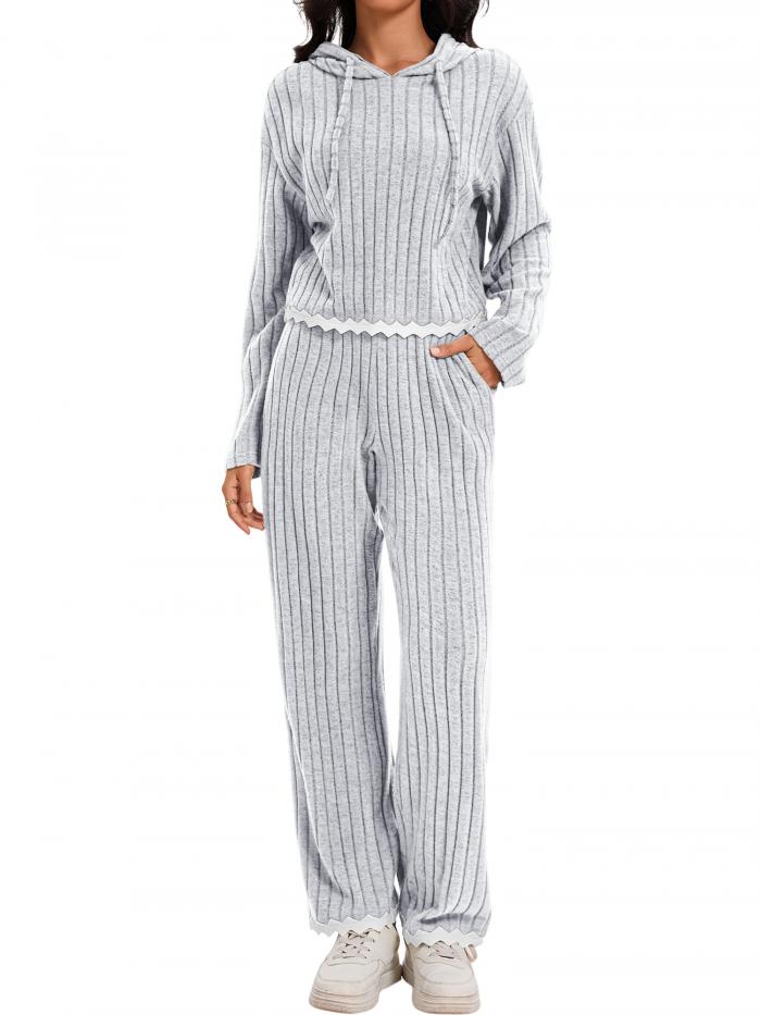 ONFERS Onfers レディース 2ピース アウトフィット カジュアル ラウンジセット リブセーター パーカー ワイドレッグパンツ トラックスーツ ライトグレー M