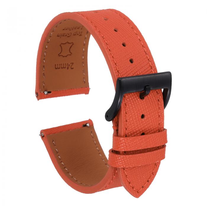 uxcell 本物のレザーウォッチバンド24mmクイックリリース交換用ウォッチストラップ、ステンレススチール黒バックル付き、男性用女性用、オレンジ