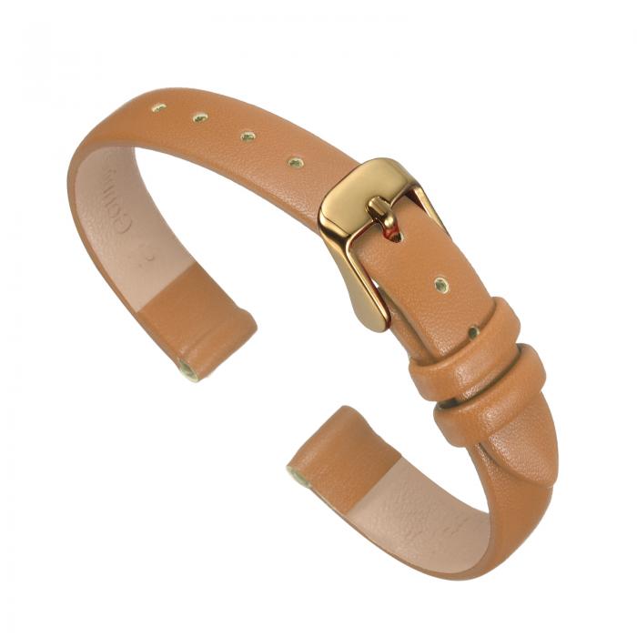 uxcell 茶色の本物のレザーバンド、10mm幅、フラットで薄いエレガントなレザーウォッチストラップ、ゴー ルドトーンのバックル、男性と女性用