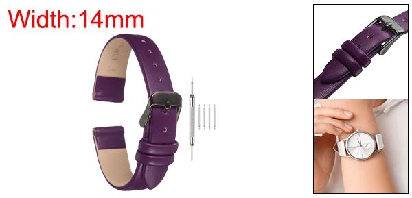 uxcell 紫色の本物のレザーバンド、14mm幅、フラットで薄いエレガントなレザーウォッチストラップ、黒いバックル、男性と女性用