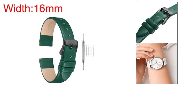 uxcell 16mm幅のグリ ーンの本物のレザーバンド、フラットで薄いエレガントなレザーウォッチストラップ、黒いバックル、男性と女性用