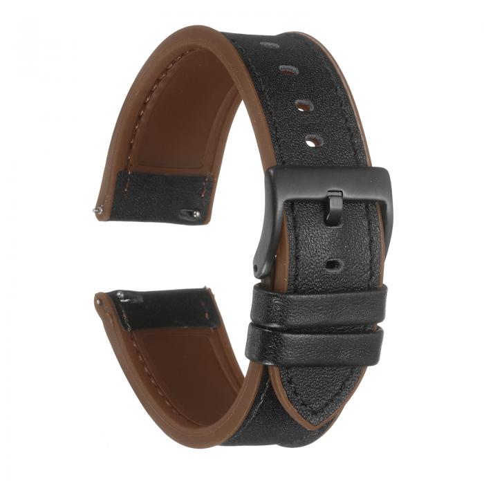 uxcell 22mm幅のソフトなクイックリリースウォッチバンド、シリコン製防水裏地付きの本物のレザーウォッチバンド、黒茶色