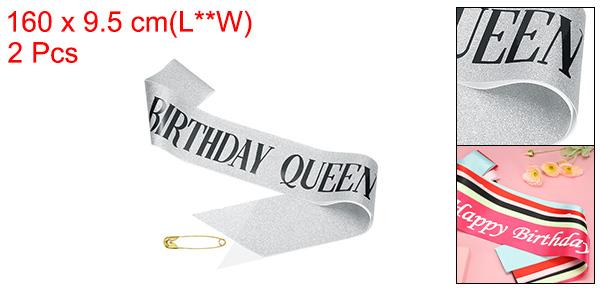 PATIKIL バースデーガールズサッシュ 2個 グリッターバースデーサッシュ 女性用サテンクイーンサッシュ パーティー用安全ピン付きパーティーデコレーション シルバー