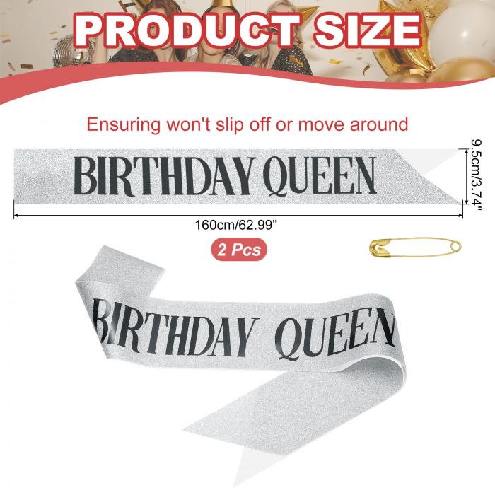 PATIKIL バースデーガールズサッシュ 2個 グリッターバースデーサッシュ 女性用サテンクイーンサッシュ パーティー用安全ピン付きパーティーデコレーション シルバー