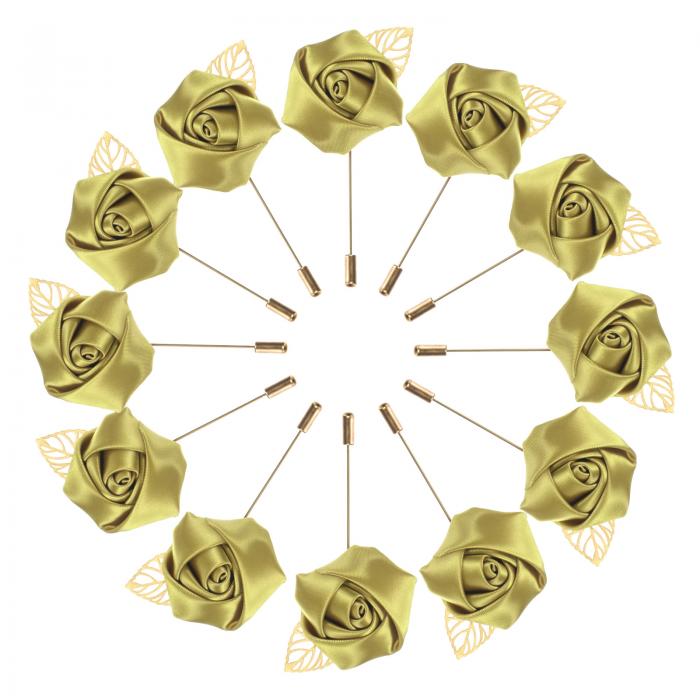 M METERXITY メンズ用12個入りフラワー金色リーフローズブートニアピン ウェディング/ダンス/パーティー用 スーツ用サテンフラワーコサージュハットピン...