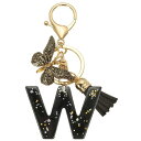 PATIKIL アルファベットイニシャルレターキーチェーン 女性用キーパースハンドバッグバッグアクセサリー用タッセルバタフライレターWペンダント装飾付きレジンかわいいキーチェーン 黒
