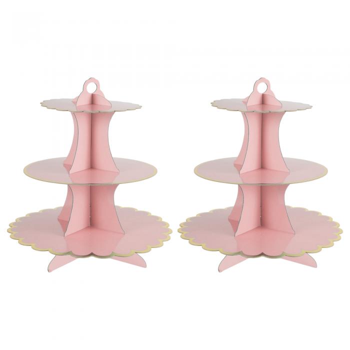 CAPASTEC カップケーキスタンド 3段階のカップケーキスタンドタワー 誕生日や結婚式のパーティー装飾用 ダンボール製デザートカップケーキスタンドタワー 2個 ローズレッド