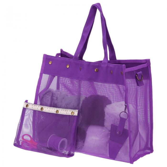 PATIKIL 編み物用バッグ 大型編み物オーガナイザー取り外し可能なメッシュ糸ケースホルダー 編み物用具針フック用ストラップ付き パープル