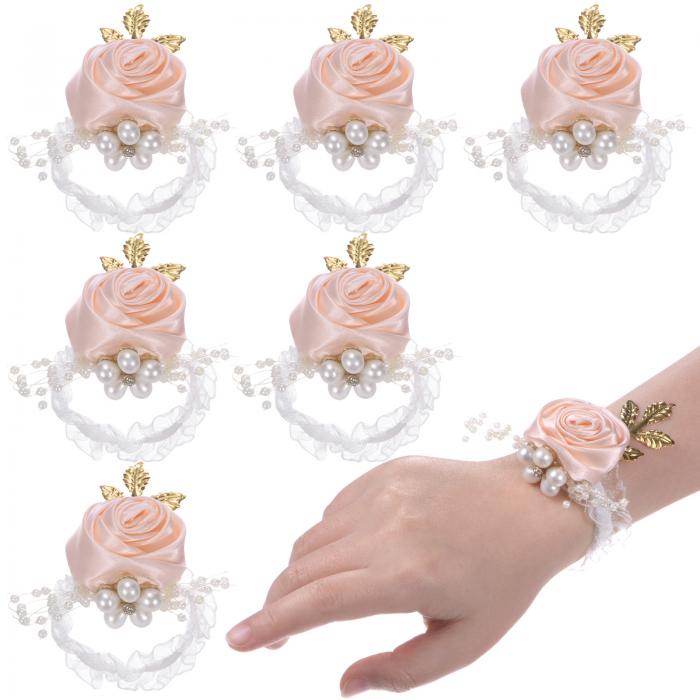 M METERXITY 6パック リストコサージュブレスレット ウェディング/プロム/パーティー用 人工花コサージュリストレット リストコサージュバンドデコレーションハンドフラワー[ピンク]