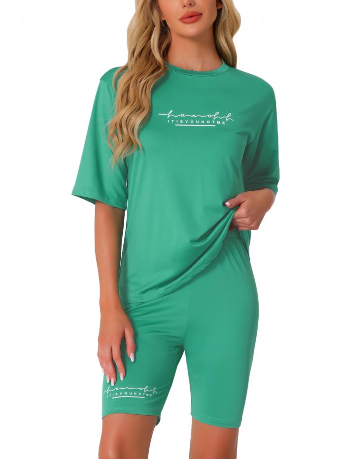cheibear レディース 2ピース アウトフィット レタープリント ワークアウト 半袖 Tシャツ ボディコン ショーツ ラウンジセット 緑 XL