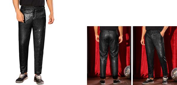 Lars Amadeus メンズ 光沢 パンツ グリッター 70年代 ディスコ ナイトクラブ ストレート レッグ スパンコール トラウザー ブラック XL